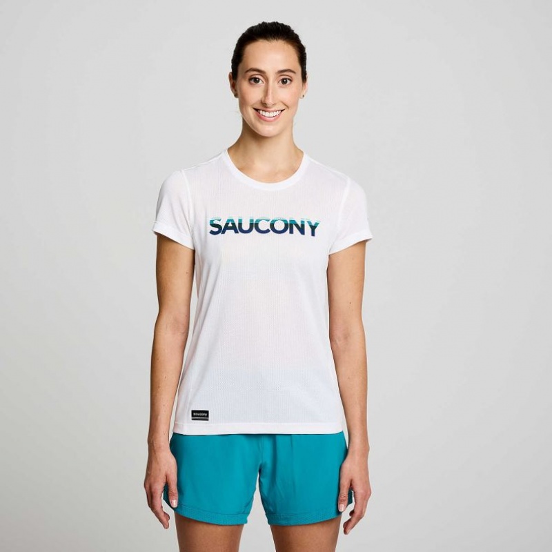 Saucony Stopwatch Graphic Kort Sleeve T-Skjorte Dame Hvite | NORGE JXZECB